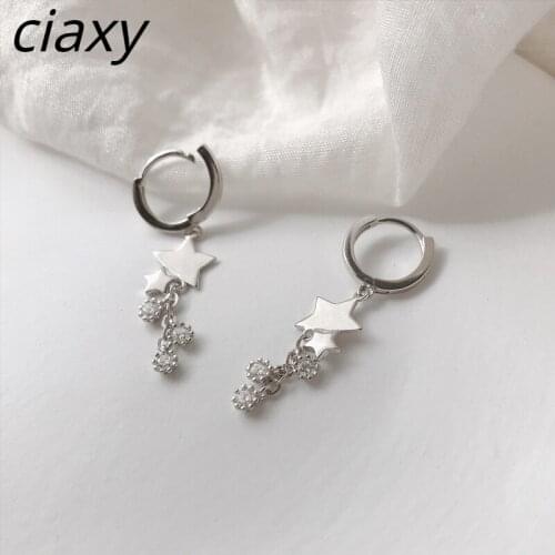 CIAXY 925 Sterling Silver Five-pointed Star Earrings for Women Flash Zircon Long Earrings Ear Buckles Lady 2021 Korean Jewelry
