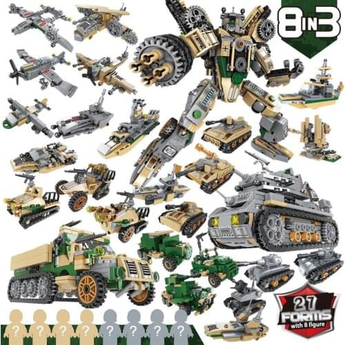 8in3 Transformation Vehicles Robot Building Blocks Toy Bricks 27 Forms City Military Tank Mecha Deformation Robot Car Kid Toys