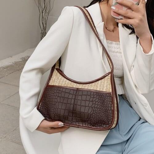 Women Patchwrok PU+ Straw Shoulder Bag Alligator Pattern Sof Pu Leather Underarm Bags bolso movil Ladies Baguette Bag And Purses