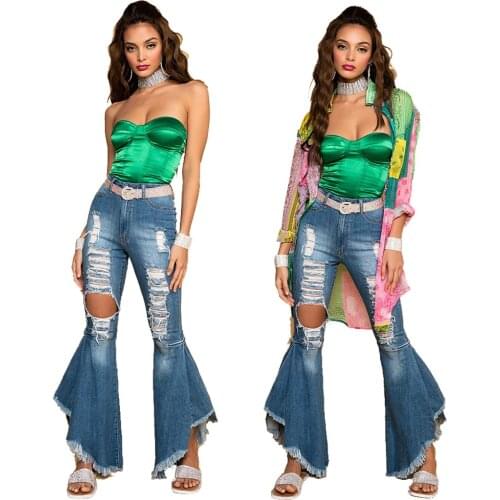 Patchwork Stretch Flare Jeans Women Bodycon Hole High Waist Denim Pants 2021 Summer Casual Pocket Streetwear Female