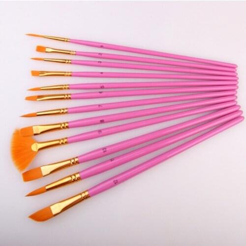 Kids Student Nylon Hair Paint Brush Set Drawing Art Supplies Watercolor Gouache 12 Pcs Painting Pen Wooden Handle