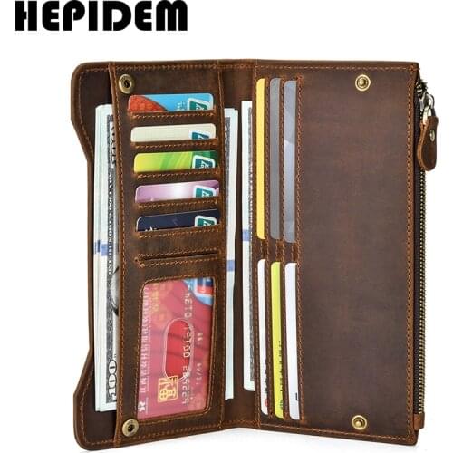 HEPIDEM RFID High Quality Crazy Horse Genuine Leather Slim Long Wallet 2020 New Pocket Money Dollar Bill Purse for Men 8168