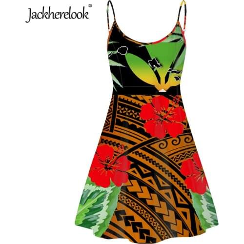 Jackherelook Boho Dress for Girls Polynesian Trabal Hibiscus Plumeria Print Summer Spaghetti Strap Dresses Beach Sundress Mujer