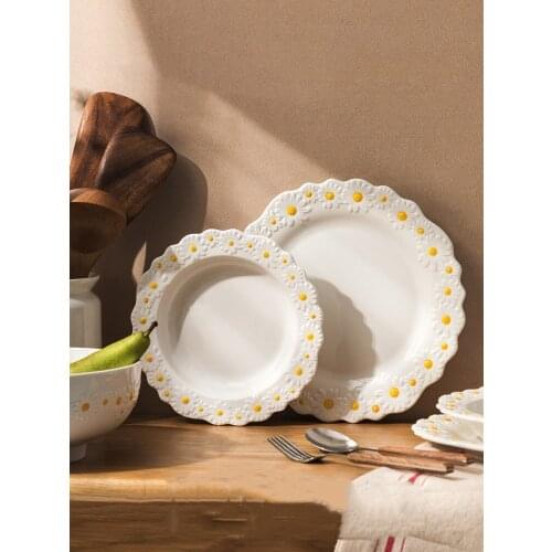 Ceramic Embossed Daisy Dinner Set Plate And Dishes Household Soup Bake Bowl Creative Crockery Tableware