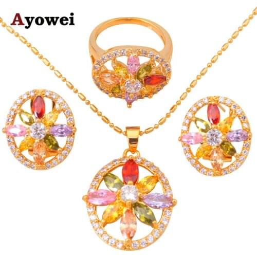 Color Zircon Crystal gold tone Jewelry Sets Earrings Necklace Ring sz #5.5 #6.5 #7.5 8.25 Fashion Jewelry JS394A