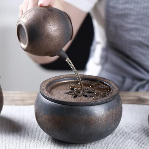 Creative Ceramic Large Teapot Holder Tea Washer with Hollow Lid Porcelain Retro Japanese Style Kung Fu Tea Ceremony Accessories