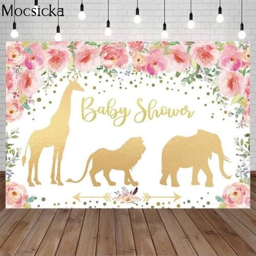 Mocsicka Newborn Baby Shower Background Golden Animals Backdrop Pink Flowers Photography Props for Photo Studio