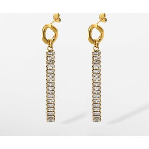 Trendy Geometric Gold Plated Stainless Steel Shiny Tassel Drop Full Zircon Chain Earrings For Women