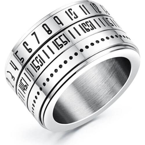 Fashion Men Time Rotating Ring Titanium Steel Arabic Numerals Calendar Ring Clock Size 8
