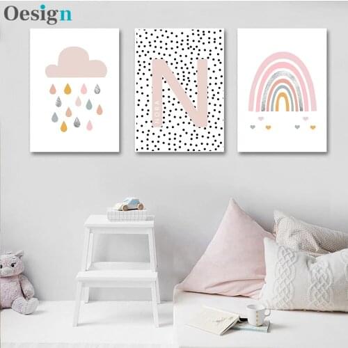 Girls Custom Name Wall Art Canvas Poster Pink Cloud Rainbow Print Nursery Painting Nordic Poster Wall Pictures Baby Room Decor