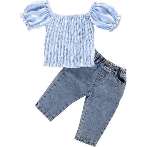 1-6Y Fashion Toddler Kid Baby Girls Clothes Sets Striped Print Off Shoulder Short Sleeve Tops Denim Long Pants 2pcs