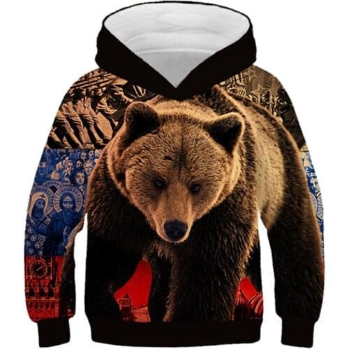 4-13 Years Old Kids 3D Hoodies Boys Girls Animal Brown Bear Tiger Wolf Print Hooded Sweatshirts Children Fashion Pullovers Tops