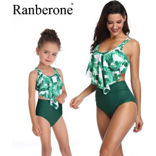 Ranberone 2020 Two Piece High Waist Flounce Parent-child Swimwear Sexy Women Swimsuit Swim Suits Girls Clothes Childrens Bikini