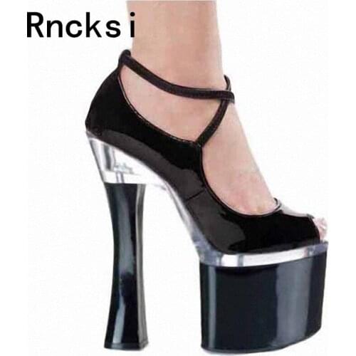 Rncksi New Sexy Womens Party Queen High-Heeled Platform Pole Dance Shoes 18cm Square Heels Ankle Pumps