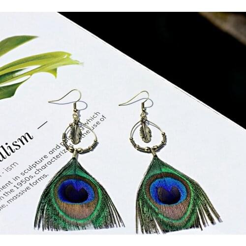 Boho Retro Green Feather Earrings India Gold Geometric Alloy Tassel Wedding Earrings Tibetan Fashion Jewelry