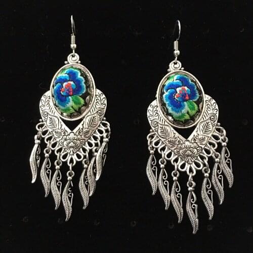 Thailand Boho Vintage Tibetan Silver Tassels Ear Hook Tribal Earrings Handmade Blue Flower Long Hanging Earrings Nationality