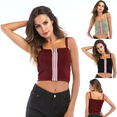 Women Knitted Vest Crop Top Sexy Zipper Front Knitting Camisole Female Spaghetti Strap Tank Tops Sleeveless Simple Short Tops