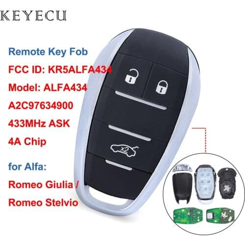 Keyecu Smart Remote Car Key Fob 433MHz ASK 4A for Alfa Romeo Giulia Stelvio 2015 2016 2017 2018 2019 2020 A2C97634900 KR5ALFA434