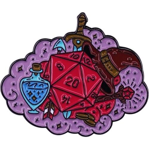 Gorgeous D20 Equipment Enamel Pin This Dice & Dungeon Master Series Badge has everything you need! Swords, arrows, gold, potion