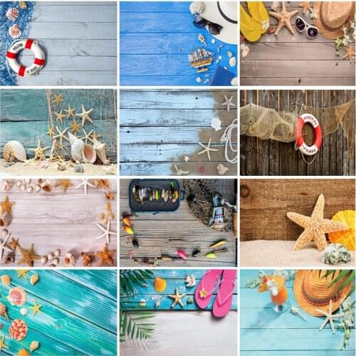 Wooden Board Starfish Shell Conch Photography Background Vinyl Cloth Baby Shower Photo Backdrop Studio Props 210321CAR-01