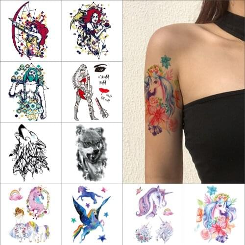 Unicorn watercolor temporary tattoo sticker water transfer paper scorpio sagittarius Constellation Wolf waterproof tattoo