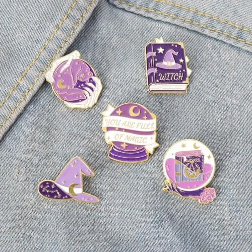 Purple Magic Witch Enamel Pins Wizard Book Brooches for Women Punk Gothic Bag Clothes Lapel Pin Badge Jewelry Gifts Wholesale