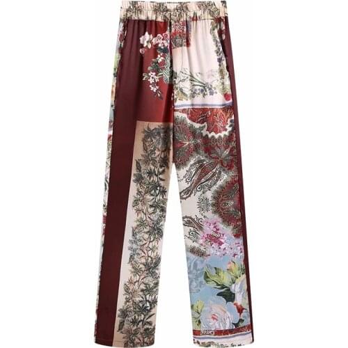 Evfer Women Fashion 2021 Za Summer Patchwork Flower Pirnt Long Pants Chic Lady Casual Elastic HIgh Waist Back Pockets Pants