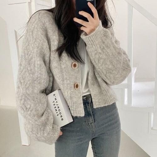 2021 New Winter Women Cardigan Sweaters Knitted Female Coat Wool Twist V-neck Loose Elegant Office Lady Casual All Match Tops