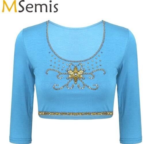 Women Stage Performance Belly Dance Costume Sequins Beads Round Neck Three Quarter Sleeve Crop Tops Blouse Training Dancewear
