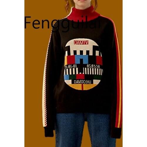 New Autumn Women Vintage Black Sweater Cotton Knitwear Pullover Knitted Tops Geometric Thicken Warm Sweaters Winter Turtleneck