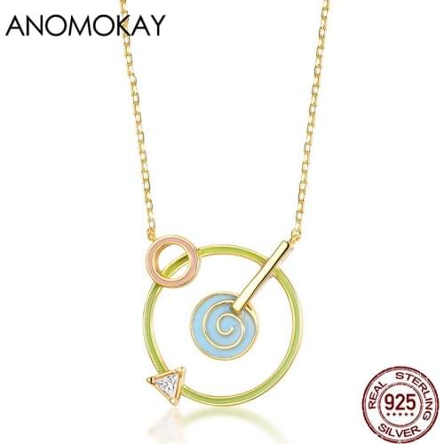 Anomokay Candy Color Enamel Geometric Gold Color Women Necklace 100% Sterling 925 Silver Planet Chain Necklace Jewelry Gift