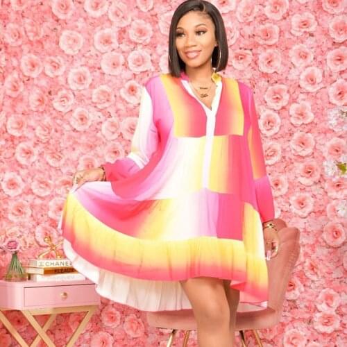 Colorful Print Long Sleeve Shirt Dress Women Y2K Button Loose Casual Ruffles Hem A-line Midi Dress Elegant Birthday Party Dress