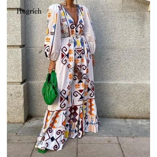 Vintage Fashion Print Holiday Long Dress Elegant Lantern Sleeve Ruffle Maxi Party Dress Women V Neck Lace-up Tassel Dresses