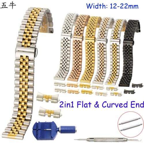 2in1 Flat Curved End Semicircle Link Watch Strap 12 13 14 16 17 18 19 20 21 22mm Watch Band Solid Stainless Steel Watchband