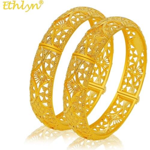2 pcs/lotLuxury Gold Color Ethiopian Cuff Gold Bangles For Women Dubai Open Bangle Bracelet Bride Wedding Jewelry MY40