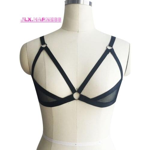 Elastic Harness Mesh Bra 90s Sexy Open Chest Cage Bra BDSM Body Harness Belt Goth Crop Top Lingerie