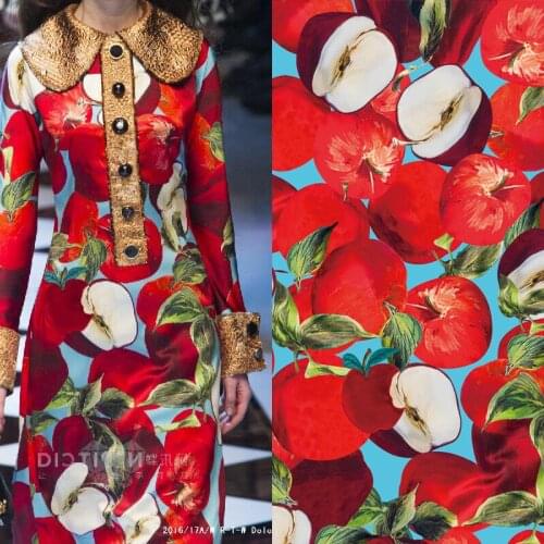European and American womens early autumn new fruit printing fashion fabric red apple printing polyester satin fabric custom