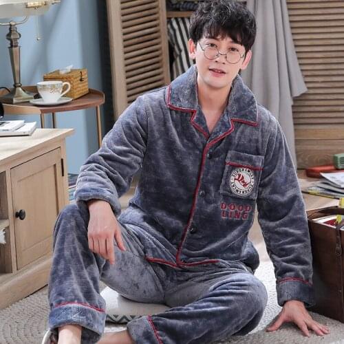 Flannel Flano Pajamas Man Boy Turn-down Collar Button-Down Warm comfy in-home Winter Sleepwear Nightwear cute Pajama A Set HDE