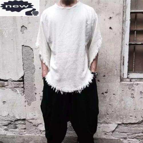 Summer Men Solid Color Irregular T-shirt Fashion Tassels Trimming Linen Tees Male O Neck Harajuku T-shirts White Tops Streetwear