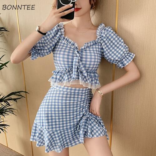 Bikini Sets Women Summer New Plaid Lace Pleated Ruched Korean Style Swimwear Sweet Soft Puff Sleeve Teens Safety Female Girls