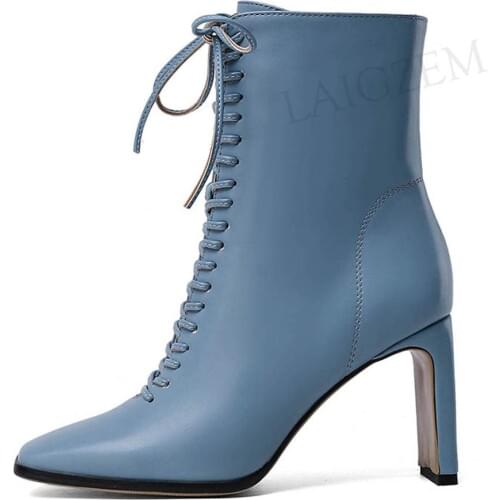 LAIGZEM Women Ankle Booties Side Zip Thick Heels Boots Wide Ankle Friendly Boots Zapatos Scarpe Donna Shoes Woman Size 38 39 43
