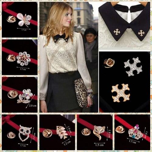 Small Size Tie Tack Brooches Lapel Pin for Two Side Shirt Neck Collar Opal Rose Flower Crown Fish Bone Fox Butterfly Eye