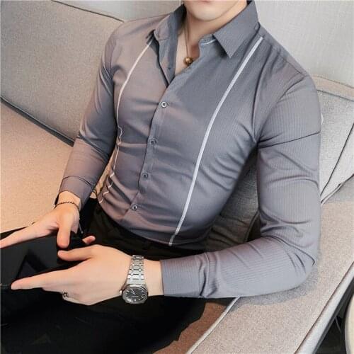 2021 Striped Shirt for Men Autumn Long Sleeve Business Casual Dress Shirt Social Party Wedding Chemise Homme Streetwear Clothing