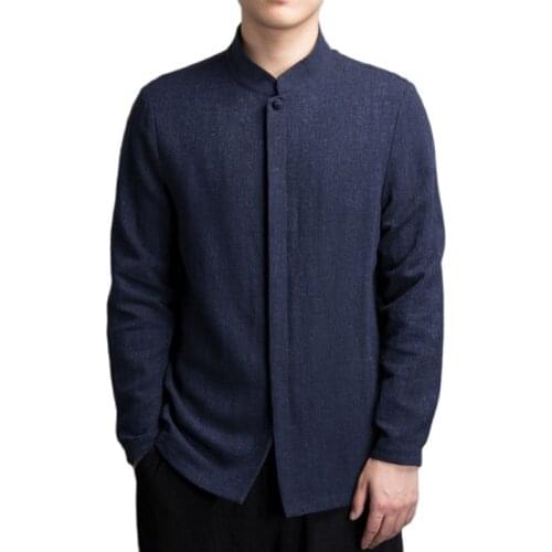 Chinese Style Mens Long-Sleeved Shirt Coats Cotton Linen Retro Style Mens Linen Shirt Chinese Style Standing Collar Hanfu 4XL