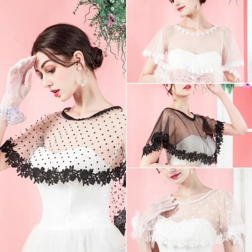 Ladies Mariage Wedding Cape White Black Dot Tulle Bridal Bolero Women Top Cover Up Shrugs Wraps For Dress Cape Bolero