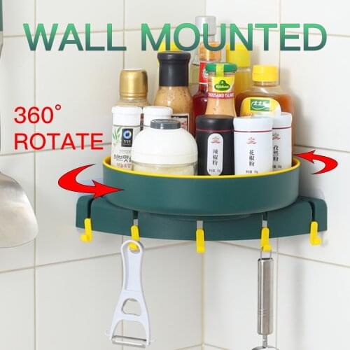 360 Rotation + Hook No Hole Hanging Triangle Turntable Bathroom Storage Rack Kitchen Corner Supplies Lazy Susan