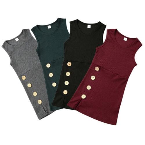 Pudcoco US Stock Casual 1-4 Years Autumn Baby Girl Button Sleeveless Solid Knitted Dress Casual Party Dress Toddler Kids Clothes