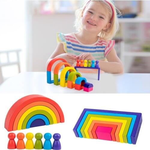 Rainbow Building Blocks Stacker DIY Wooden Stacking Game Creative Kids Toys Gift Montessori Balance Game for Children