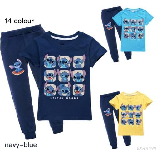 Disney Stitch Cartoon Girls Sets Short Sleeve Tracksuit For 2-16 Years old Boys Clothes Sport Suit Kids Clothes Sets