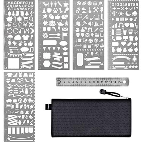 6 Pcs Stainless Steel Journal Stencils with Template Ruler for Bullet Journal Planner Painting Drawing